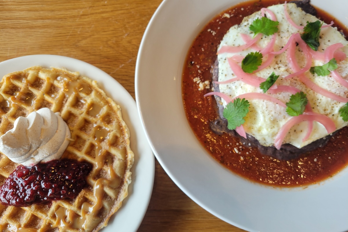 denver brunch with waffles and huevos rancheros