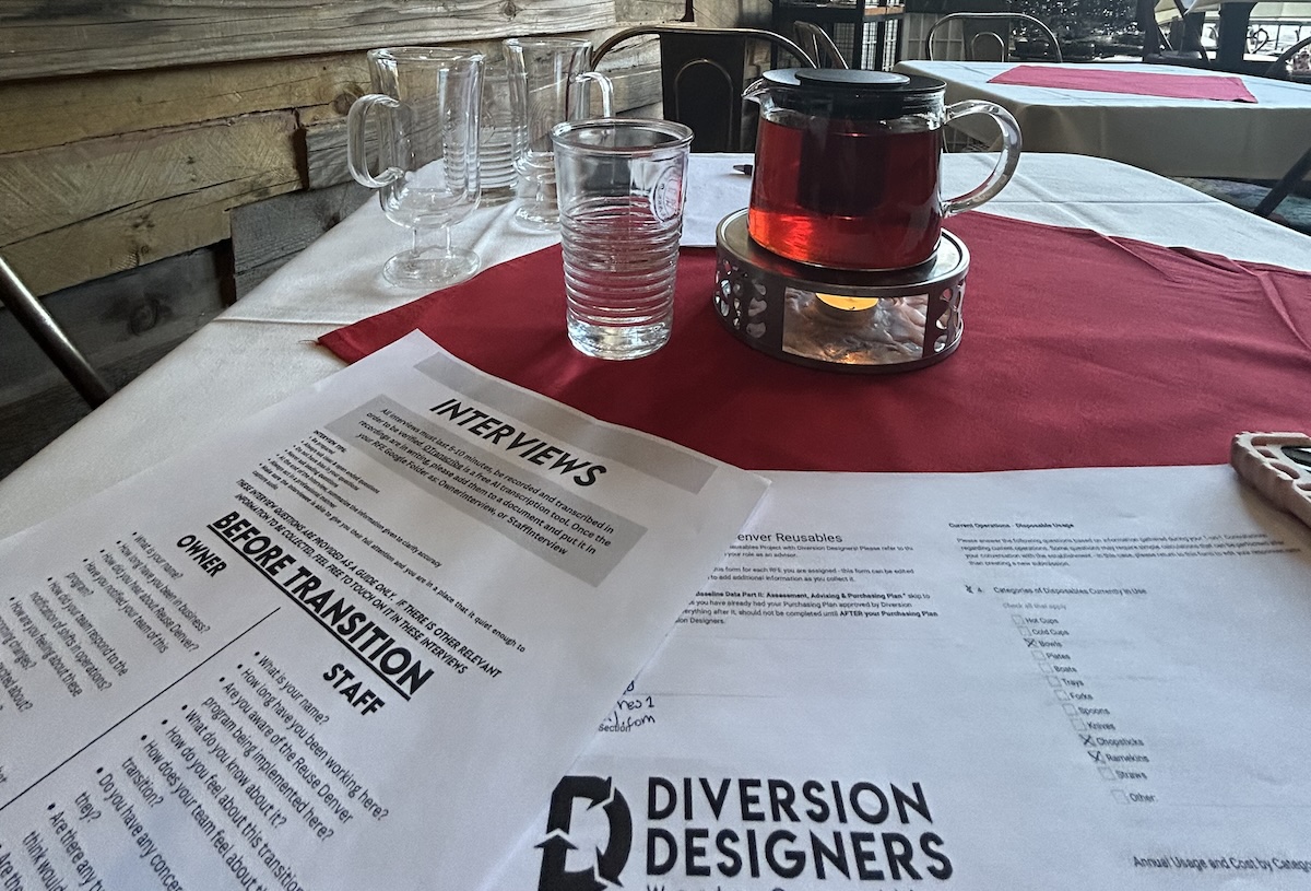 table with paperwork and tea