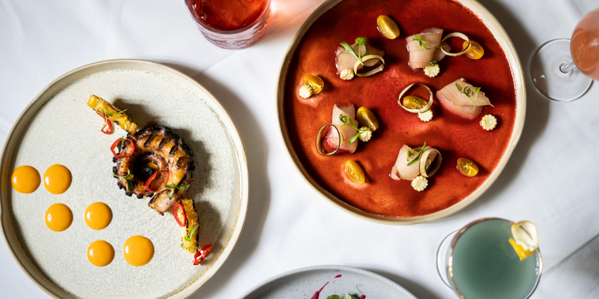 Artistically plated dishes with vibrant colors and deep shadows on a white table cloth. The dishes are from Chef Frank Bonanno's Mizuna restaurant in Denver