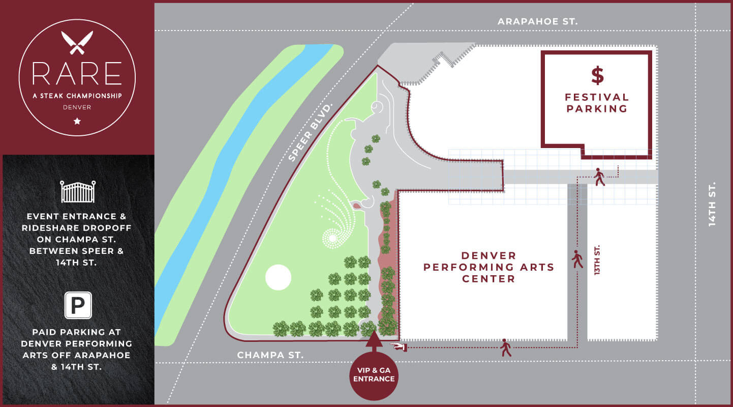 The event entrance is on Champa Street between Speer Boulevard and 14th Street. Direct your rideshare app of choice to the drop-off point on the corner of 14th Street and Champa and you can walk towards the park to the entrance. If you're thinking about driving, this event includes wine and spirits tastings so just don't—go for a rideshare instead.