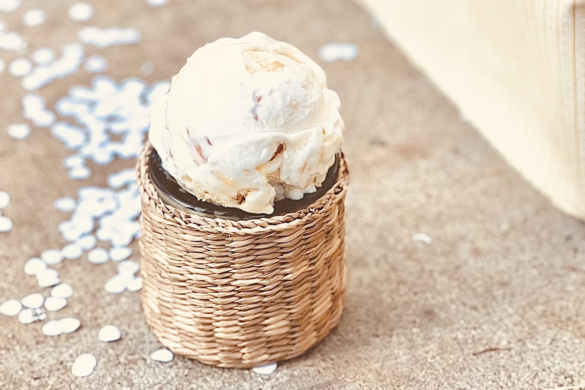 brown table with basket of ice cream