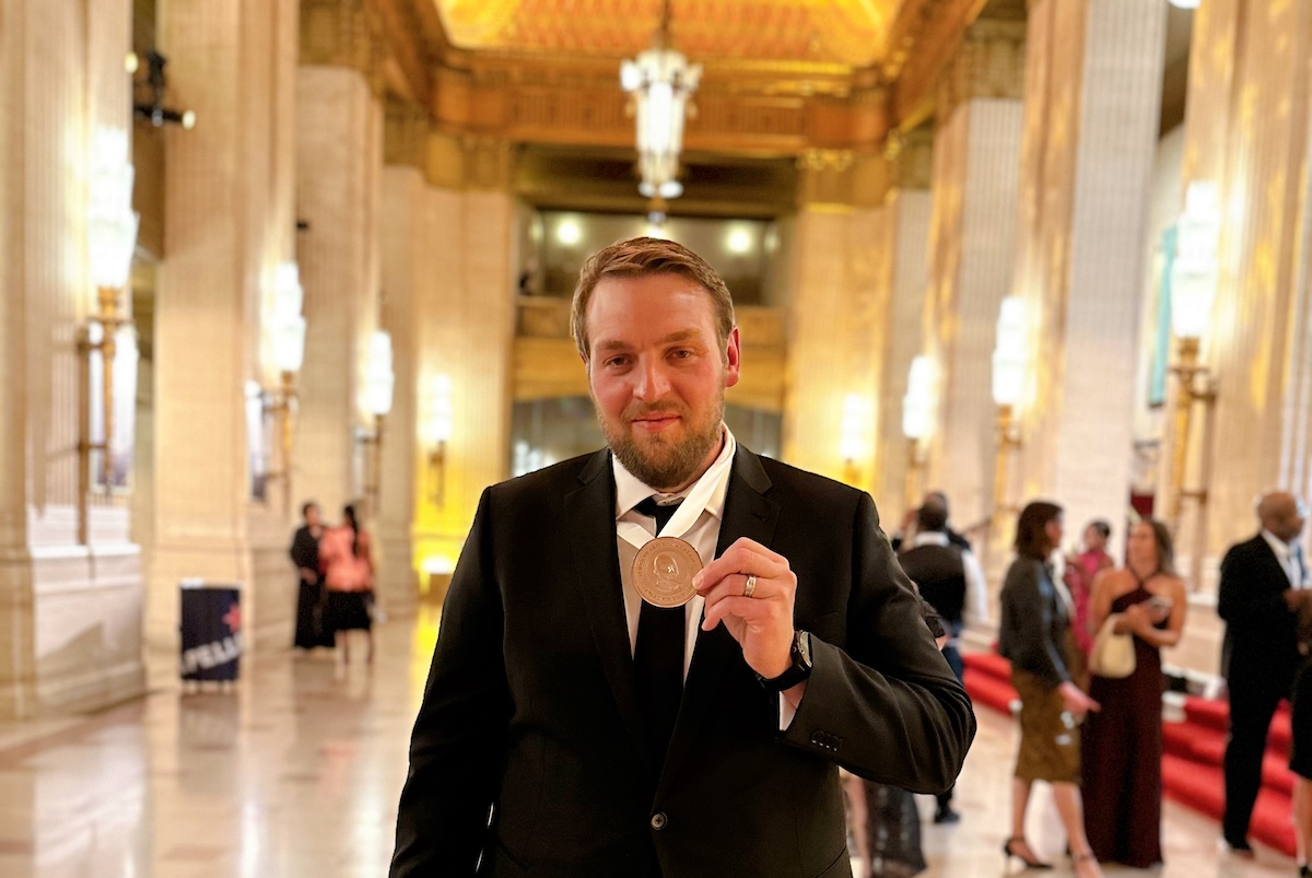 Chef Matt Vawter with his James Beard Award medal. | Photo by Rootstalk Breck