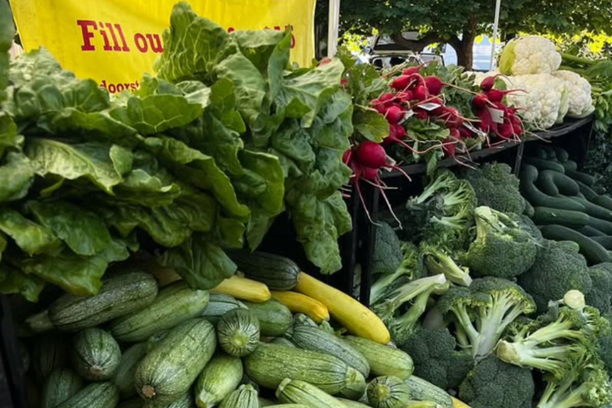 arvada farmers market Arvada Farmers Market produce display with fresh leafy greens, zucchini, yellow squash, radishes, broccoli, cauliflower, and cucumbers arranged in crates.
