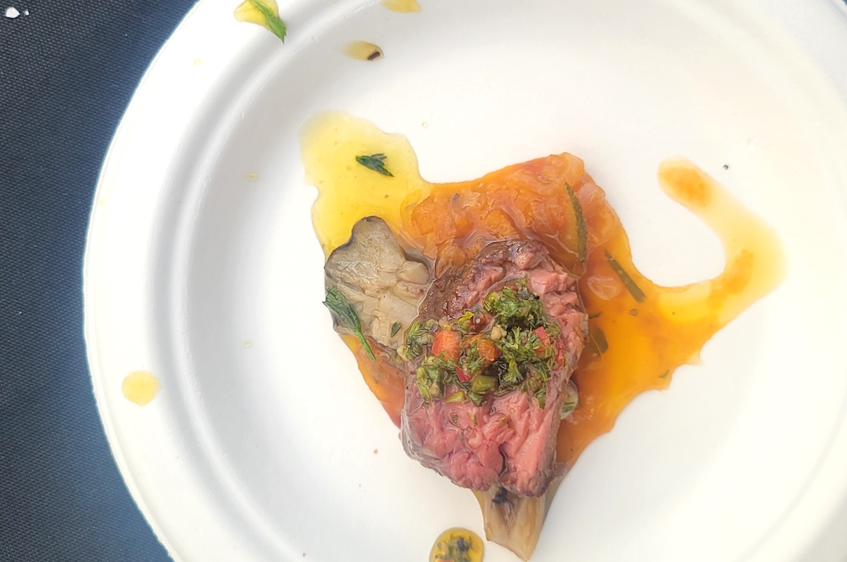 Chef Kenny Minton recently did a farmers' market bite with marinated mushroom and steak at the City Park Farmers Market. | Photo by Linnea Covington