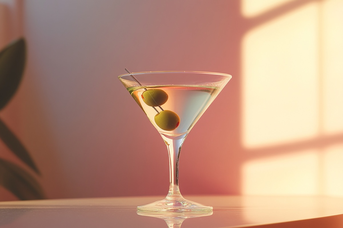 Martini glass with olives on the table in light room by stock images
