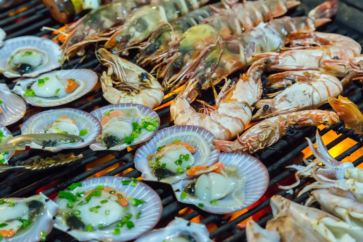seafood on grill stock