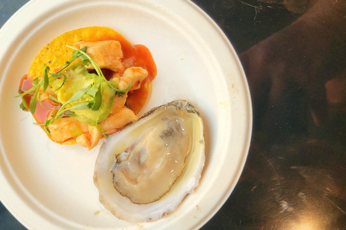 surf_by_covington_blue_island_oyster_bar_halibut_tostada Blue Island Oyster Bar made halibut aguachile "al pastor" and served it on a tostada. The oyster was extra for the judges, no one complained. | Photo by Linnea Covington