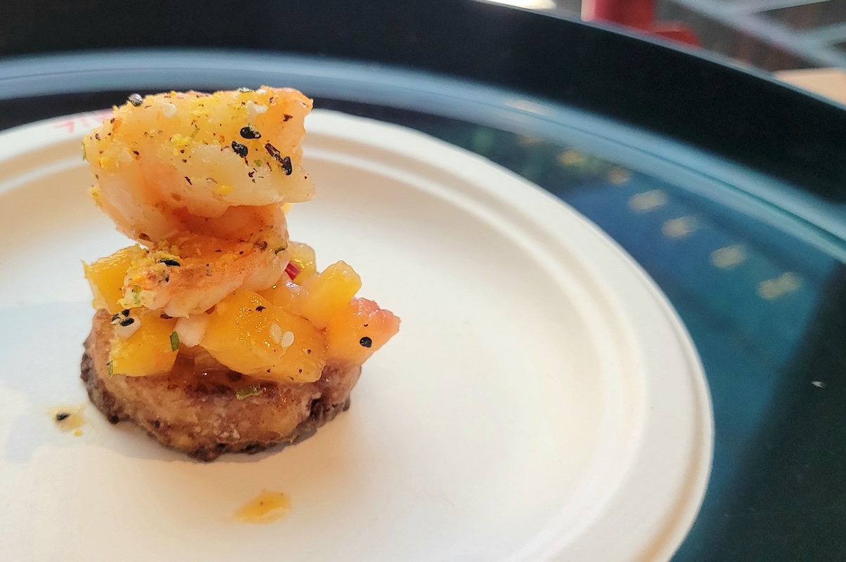 surf_by_covington_penn_street_kitchen_shrimp Penn Street Kitchen's shrimp with fried, smoked-miso risotto and Palisade peach relish with Olathe sweet corn furikake. | Photo by Linnea Covington