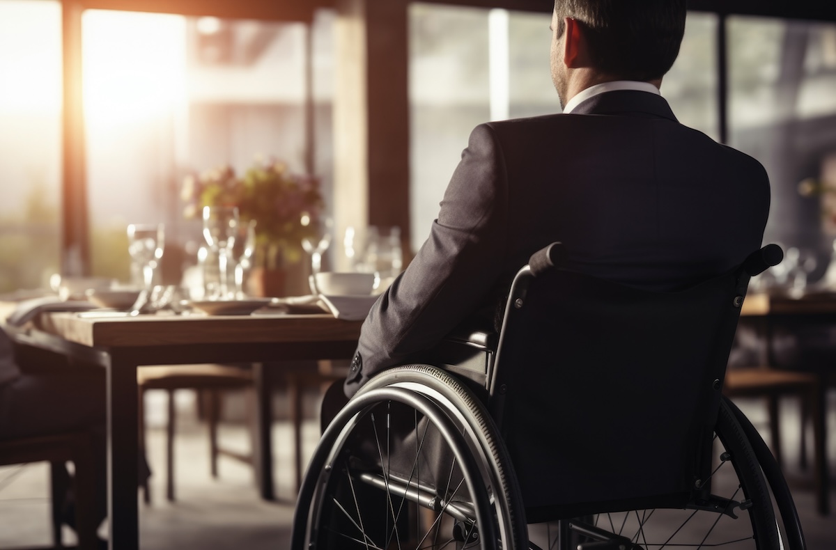 Happy disabled man during business meeting horizontal restaurant denver stock